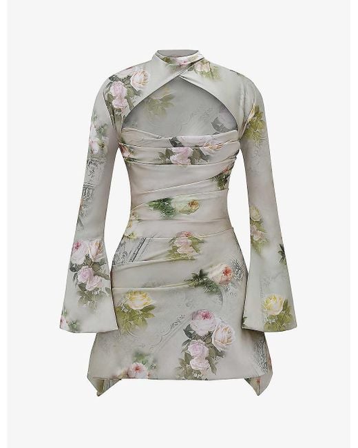 House Of Cb Gray Toira Floral-print Draped-corset Woven Mini Dress