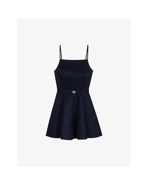 Maje Blue Square-Neck Belted Woven Mini Dress