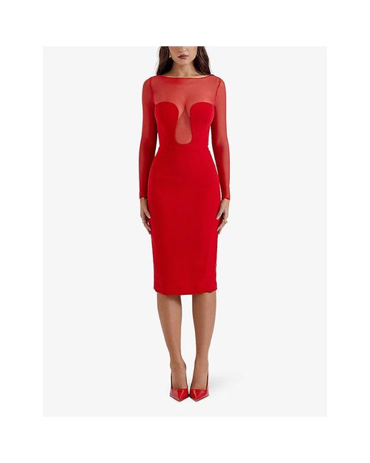 House Of Cb Red Darcy Plunge-neck Woven Midi Dress