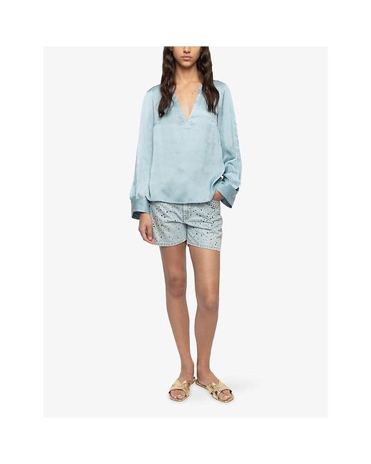 Zadig & Voltaire Blue Torny V-Neck Satin Blouse