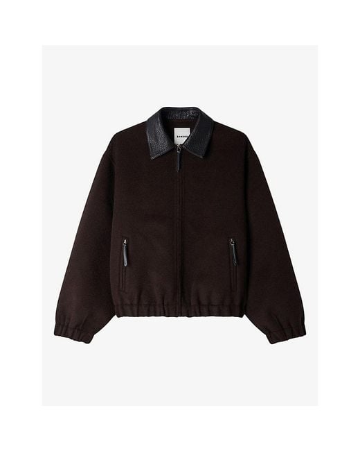 Sandro Black Leather-Collar Double-Face Wool Coat