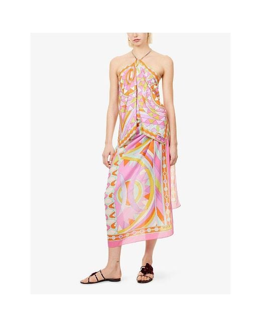 Emilio Pucci Pink Printed Chain Halter-Neck Silk Top