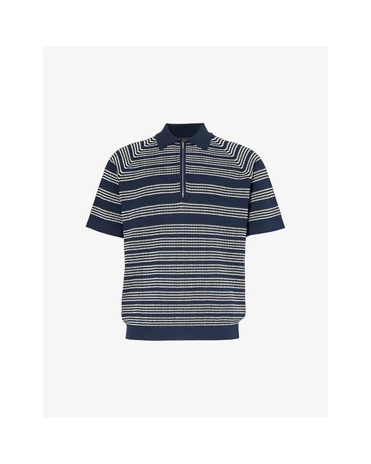Beams Plus Blue Zip Stripe-pattern Cotton Knitted Polo Shirt for men