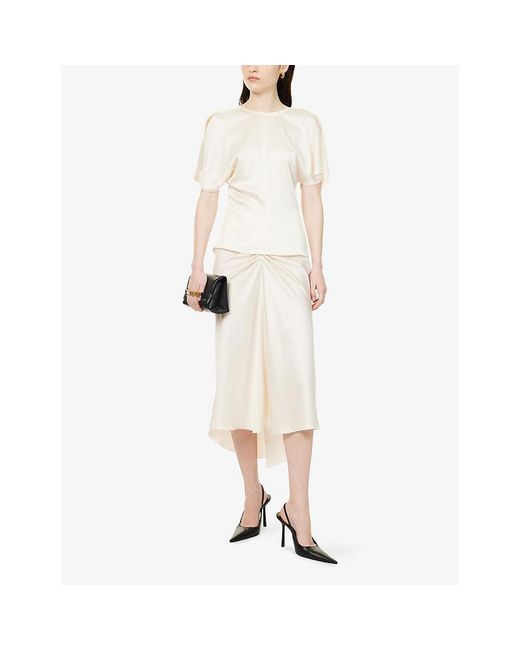 Victoria Beckham Natural Bela Draped Satin Midi Skirt