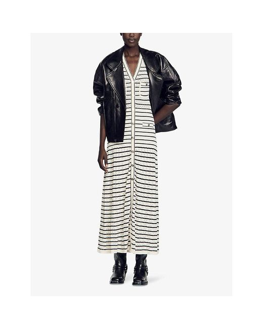 Sandro White Stripe-pattern Sleeveless Woven Maxi Dress