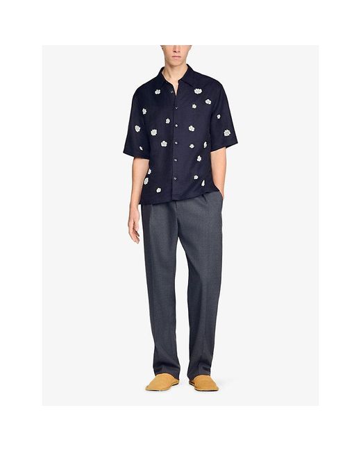 Sandro Blue Floral-Flocked Relaxed-Fit Woven Shirt for men