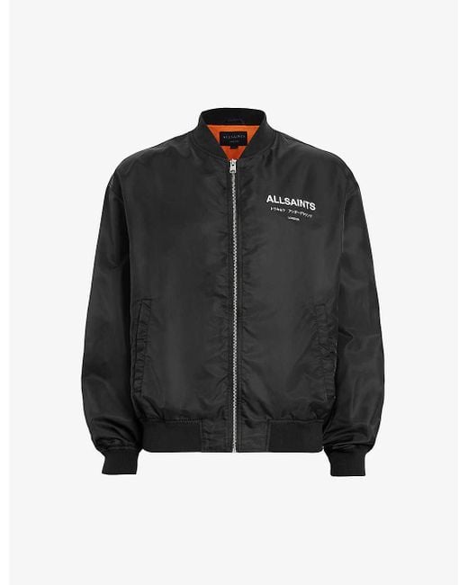 AllSaints Black Underground Logo-print Woven Bomber Jacket for men