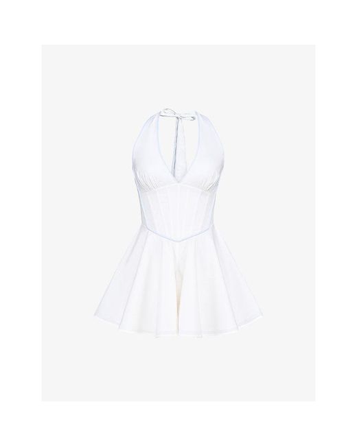 House Of Cb White Eleanor Halterneck Stretch-Cotton Playsuit