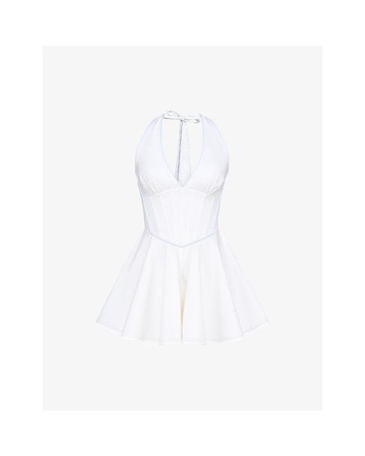 House Of Cb White Eleanor Halterneck Stretch-Cotton Playsuit