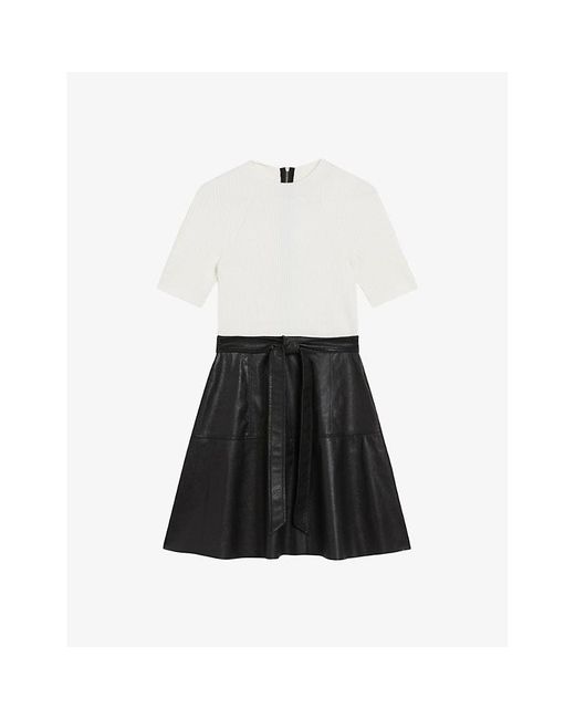 Ted Baker White Oliyia Contrast-skirt Woven And Faux-leather Mini Dress