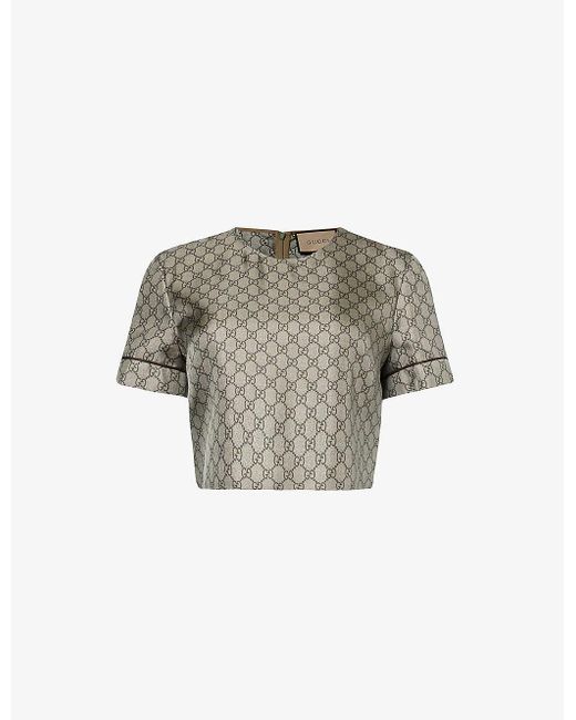 Gucci Gray Monogram-pattern Cropped Silk Top