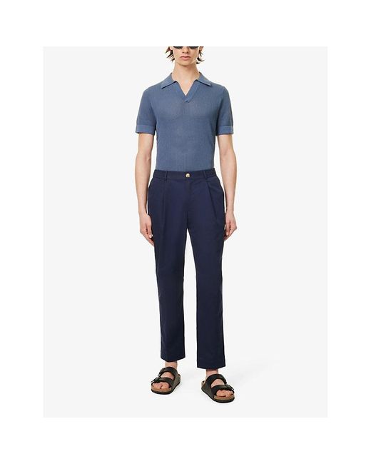 CHE Blue Pleated Belt-loop Straight-leg Regular-fit Cotton-blend Trousers for men