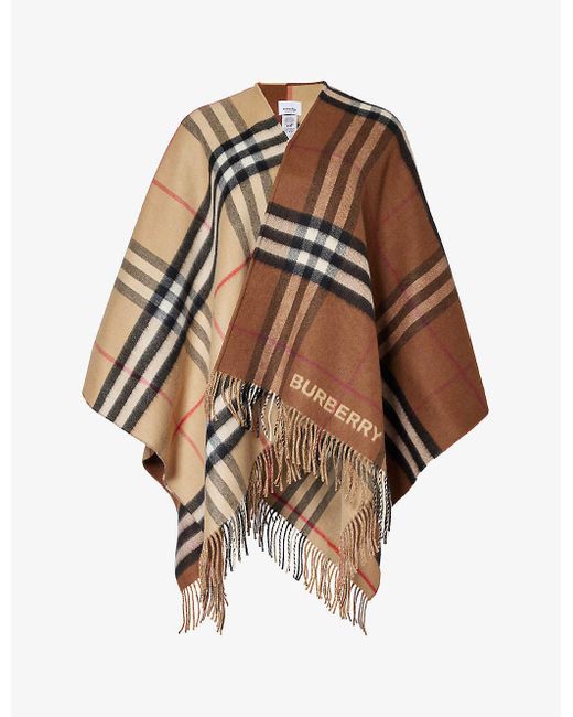 Burberry Brown Giant Check Fringed-trim Cashmere-blend Cape