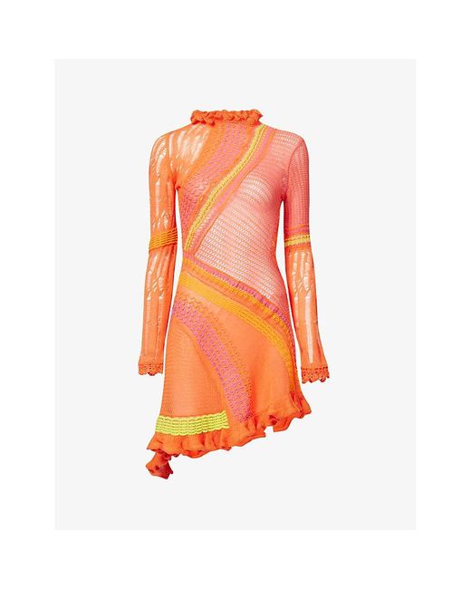 Roberta Einer Orange Ali Frilled-trim Cotton-knit Mini Dress