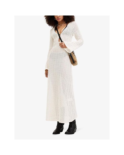 AllSaints White Karma Cut-out Long-sleeve Knitted Maxi Dress