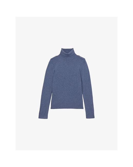Reiss Blue Corrine Epaulette Roll-Neck Wool Jumper