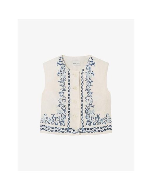 Claudie Pierlot White Floral-Pattern Sleeveless Linen Short Jacket