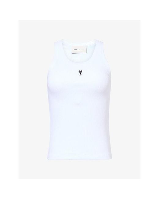 AMI White Logo-Embroidered Stretch-Rib Cotton Tank Top