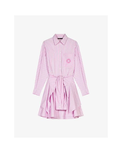 Maje Pink Clover-embroidered Striped Stretch-cotton Mini Shirt Dress
