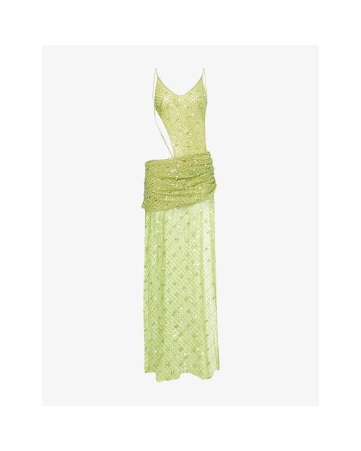 Jaded London Green Stellar Bead-Embellished Mesh Maxi Dress