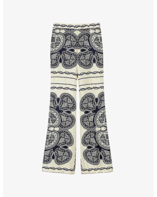 Sandro Gray Graphic-print Wide-leg Mid-rise Satin Trousers