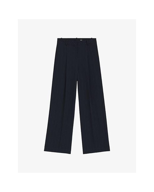 Boss Blue Striped Wide-Leg Mid-Rise Woven Trousers