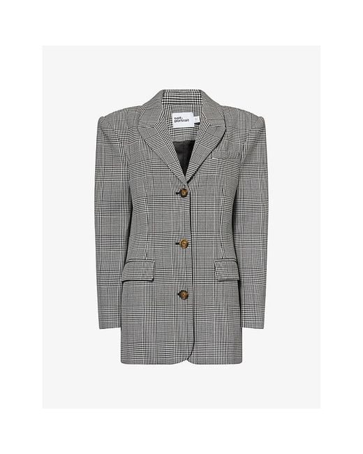 Self-Portrait Gray Check-Print Peak-Lapels Stretch-Woven Blazer