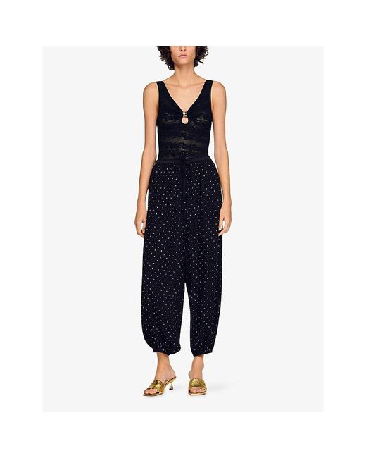 Sandro Black Hardware-Embellished V-Neck Stretch-Woven Body