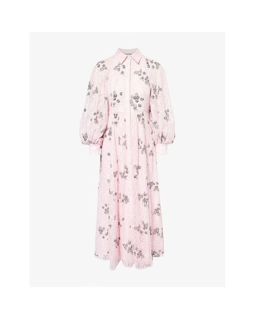 Huishan Zhang Pink Lilli Sequin-Embellished-Lace Midi Dress