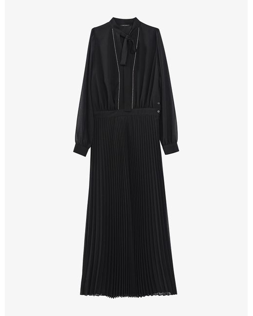Ikks Pussy Bow Pleated Voile Midi Dress In Black Lyst