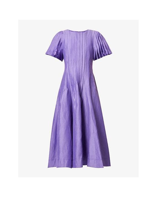 Aje. Purple Nova Pleated Flared-hem Linen-blend Maxi Dress