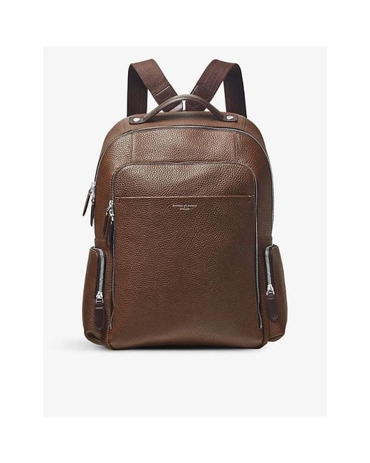 Aspinal Brown Reporter Logo-embossed Zipped Grained-leather Backpack for men