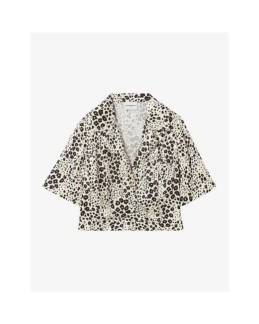 Claudie Pierlot White Animal-Print Short-Sleeved Satin Shirt