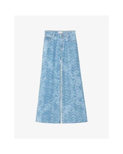 Zadig & Voltaire Blue Eli Branded-Print Wide-Leg Denim Jeans
