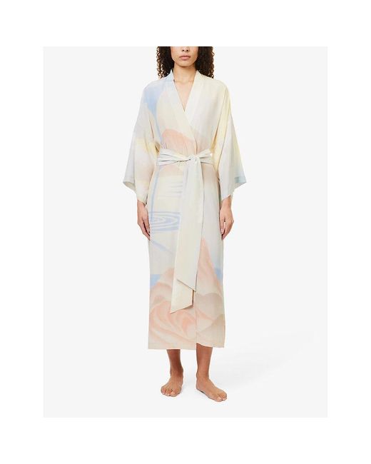 Olivia Von Halle White Amaya Graphic-print Relaxed-fit Silk Robe