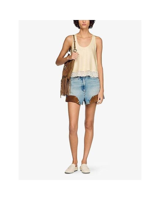 Sandro Natural Sleeveless Lace-Trim Satin Top