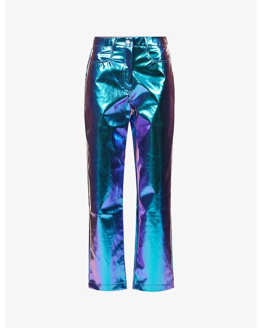 Amy Lynn Metallic Wide-leg High-rise Faux-leather Trousers in Blue | Lyst