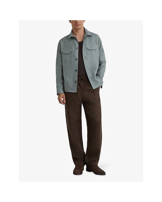 Reiss Blue Polasio Herringbone Linen Overshirt for men