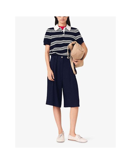 Maje Blue Striped Rhinestone-Trim Knitted Polo Shirt