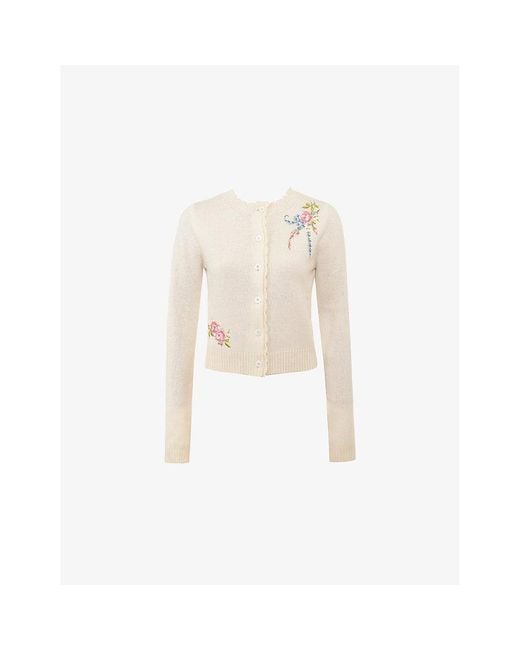 House Of Cb White Anjou Floral-Embroidered Wool Knitted Cardigan
