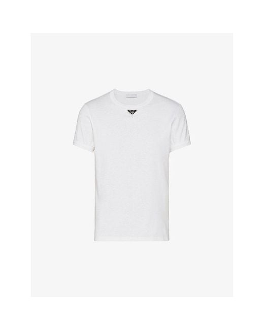 Prada White Logo-plaque Crewneck Slim-fit Cotton T-shirt for men
