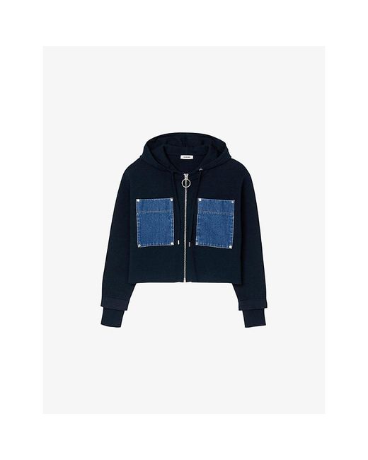 Sandro Blue Denim-Pocket Relaxed-Fit Knitted Hoody