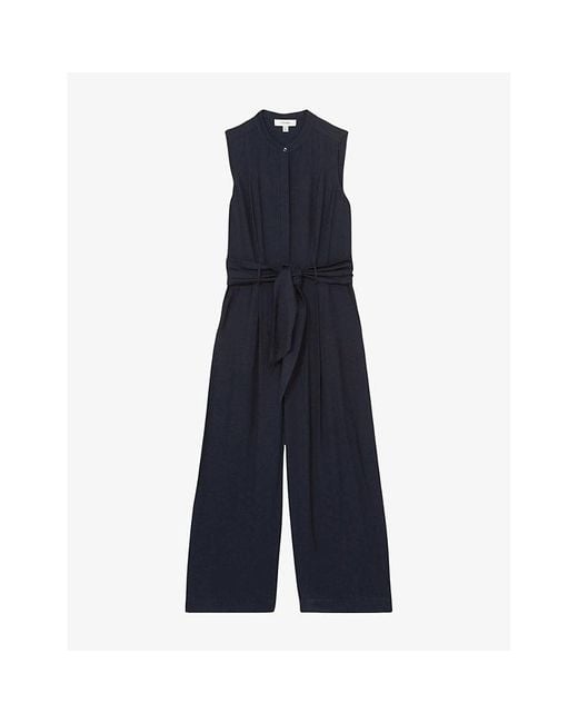 Reiss Blue Raven Wide-Leg Belted Woven Jumpsuit