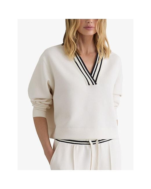 Reiss White Verity V-Neck Jersey Sweatshirt