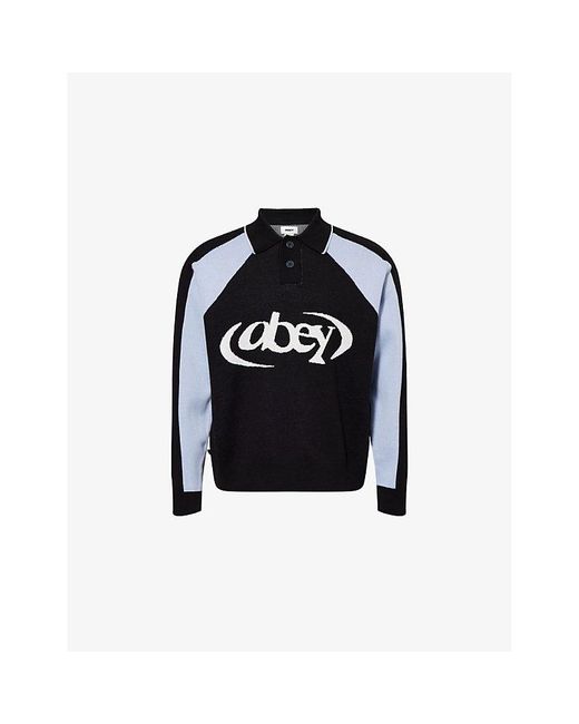 Obey Black Soccer Brand-Print Cotton-Knit Polo Jumper for men