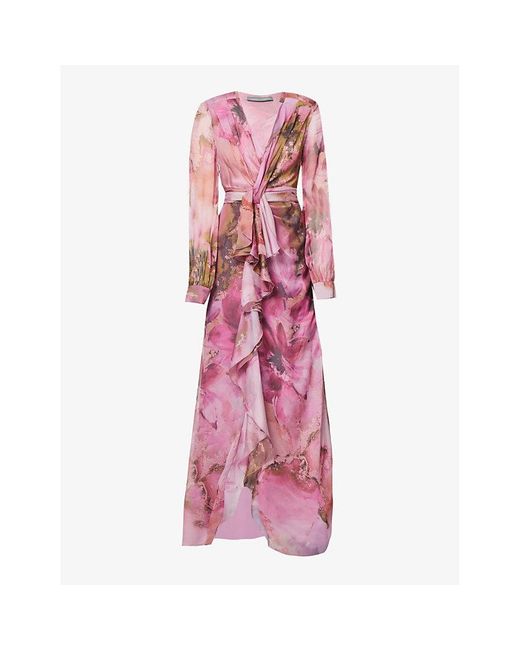 Alberta Ferretti Pink Floral-print Wrap-over Silk Maxi Dress