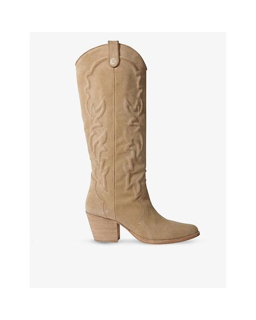 Maje Brown Western-embroidered Block-heel Suede Knee-high Boots