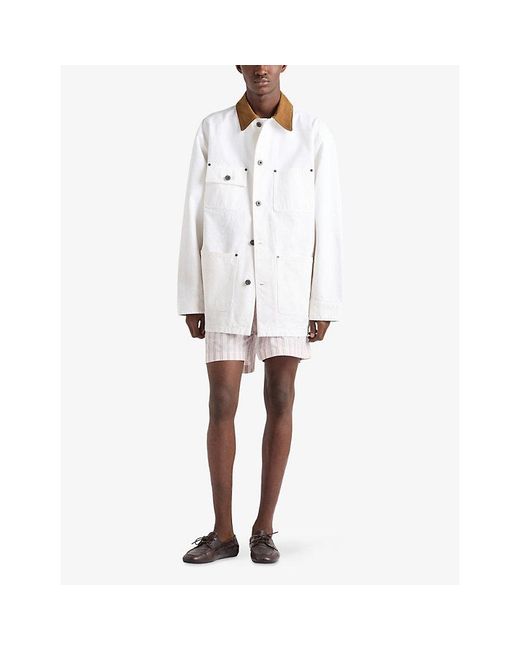 Prada White Leather-Collar Boxy-Fit Cotton-Canvas Jacket for men
