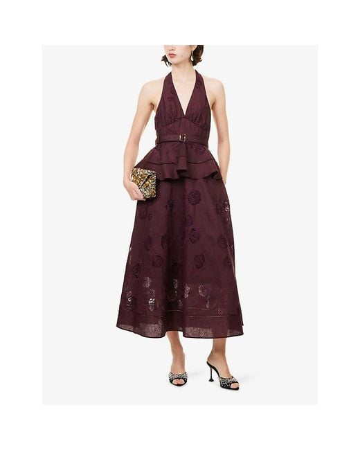 Self-Portrait Purple Belted Peplum Linen-Blend Midi Dress