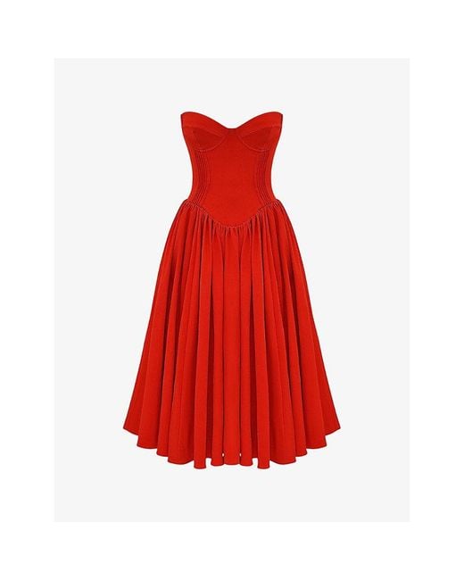 House Of Cb Red Elizabeth Sweetheart-Neck Woven Midi Dress